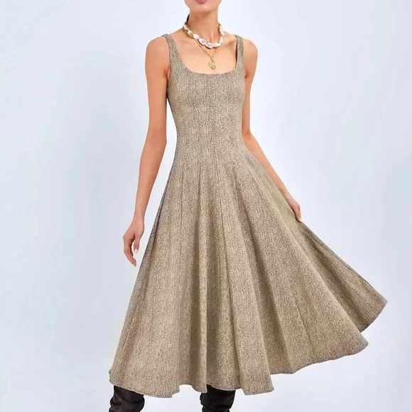 🌺🎉HP🎉🌺 NWT Staud Wells Midi Dress Mocha Herringbone - Picture 5 of 16